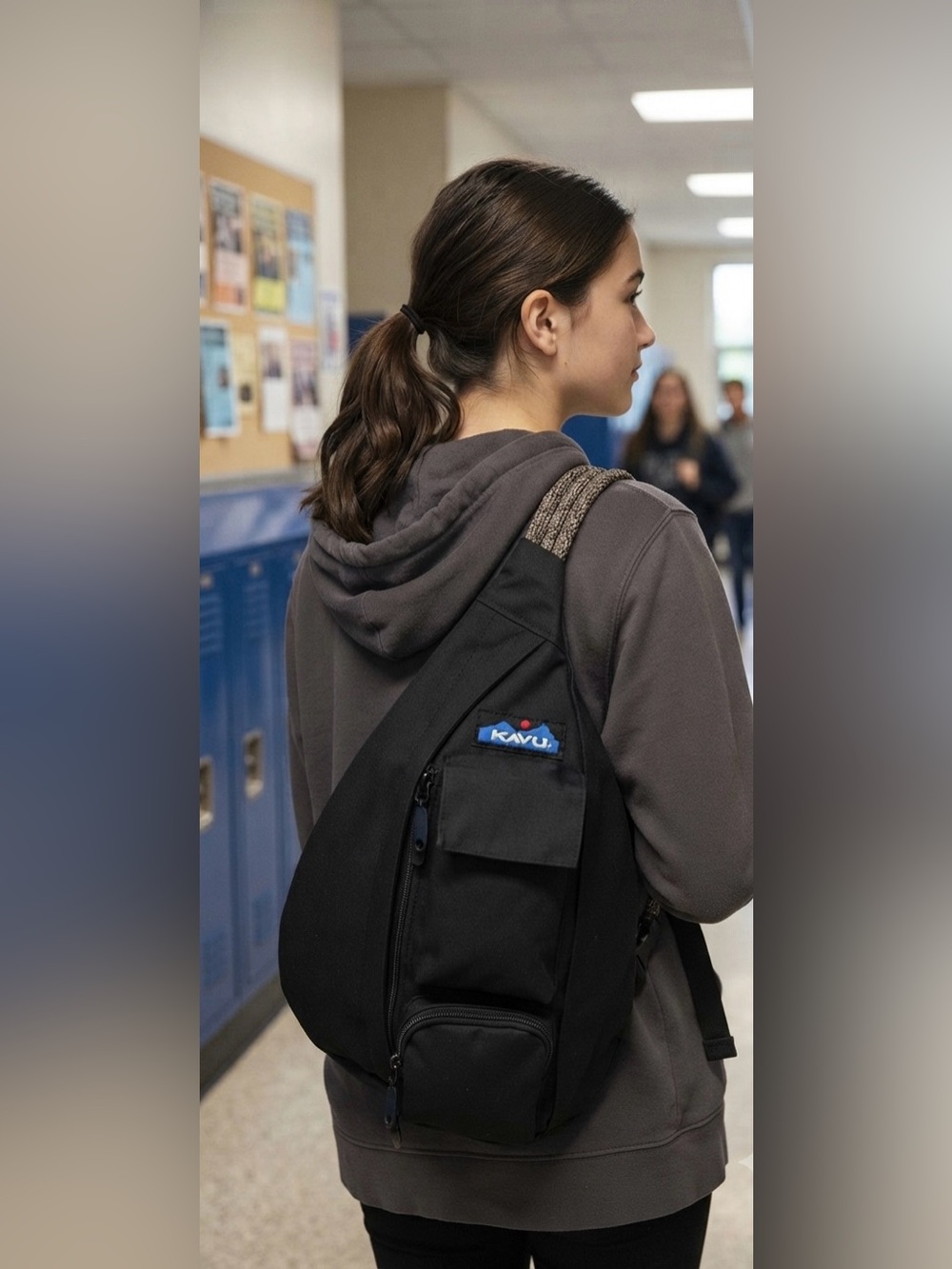 Kavu Black Sling Pack with Woven Tan Strap - Back to School